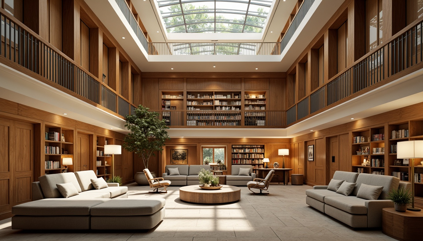 Prompt: Cozy university library, warm beige walls, rich wood accents, comfortable reading nooks, floor lamps, soft cushions, minimal ornamentation, natural stone floors, large windows, clerestory windows, high ceilings, abundant daylight, gentle diffused lighting, shallow depth of field, 3/4 composition, realistic textures, ambient occlusion.