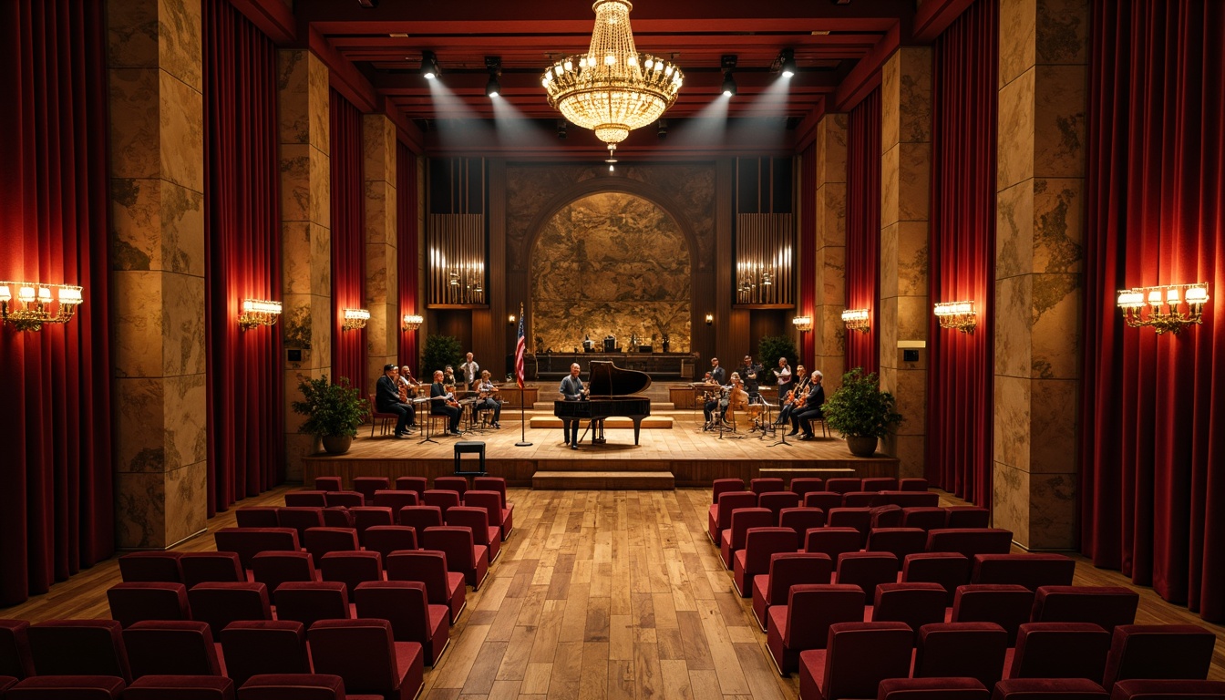 Prompt: Intimate concert hall, wooden flooring, sound-absorbing panels, velvet curtains, plush seating, ornate chandeliers, high ceilings, reverberation-enhanced architecture, natural stone walls, acoustic diffusers, suspended sound reflectors, professional-grade audio equipment, precise speaker placement, optimized room dimensions, rich warm lighting, soft focus spotlights, dramatic stage design, grand pianos, string instruments, jazz ensembles, live performances, dynamic soundscapes.