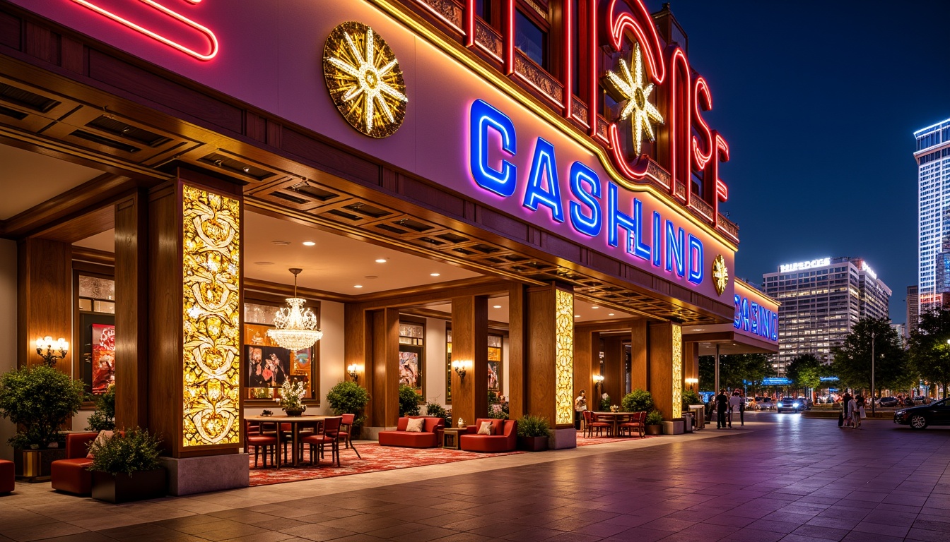 Prompt: Vibrant casino facade, Art Deco ornamentation, lavish golden accents, curved lines, geometric patterns, ornate details, luxurious entrance, grand atrium, high ceilings, crystal chandeliers, marble floors, plush carpets, VIP lounges, flashy neon lights, bustling cityscape, nighttime atmosphere, shallow depth of field, 1/2 composition, symmetrical framing, warm soft lighting, realistic textures, ambient occlusion.