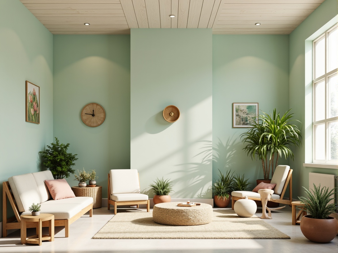 Prompt: Soft mint walls, creamy white accents, warm beige furniture, pale gold lighting fixtures, natural wood textures, earthy terracotta pots, lush greenery, delicate florals, subtle geometric patterns, airy open spaces, gentle morning light, soft focus, 1/1 composition, realistic renderings.Please let me know if you need any adjustments or have further requests!