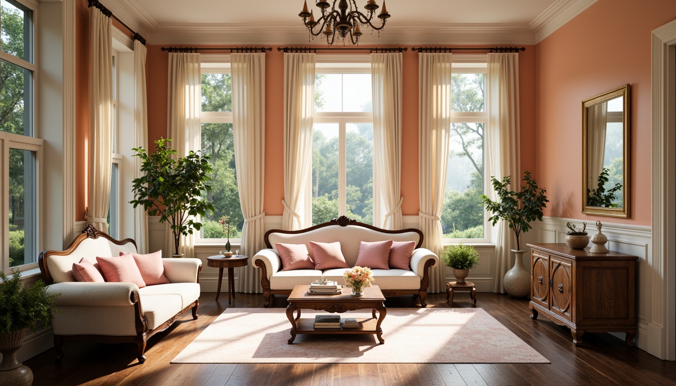 Prompt: Soft peach walls, creamy white trim, warm beige floors, rich walnut furniture, pastel pink accents, gentle mint greenery, subtle golden lighting, delicate lace textures, ornate wooden carvings, elegant Victorian architecture, serene natural surroundings, overcast sky, soft diffused light, 2/3 composition, intimate atmosphere, realistic rendering.