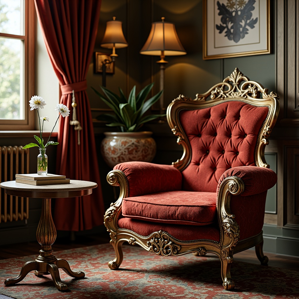 Prompt: Intricate ornate furniture, flowing organic curves, sinuous lines, botanical motifs, luxurious velvet upholstery, polished bronze accents, rich wood tones, carved wooden details, curved legs, cabriole legs, ornate metalwork, stained glass inlays, beveled glass edges, soft warm lighting, 1/1 composition, shallow depth of field, realistic textures, ambient occlusion, Art Nouveau-inspired patterns, elegant sophisticated atmosphere, vintage charm, opulent decoration.