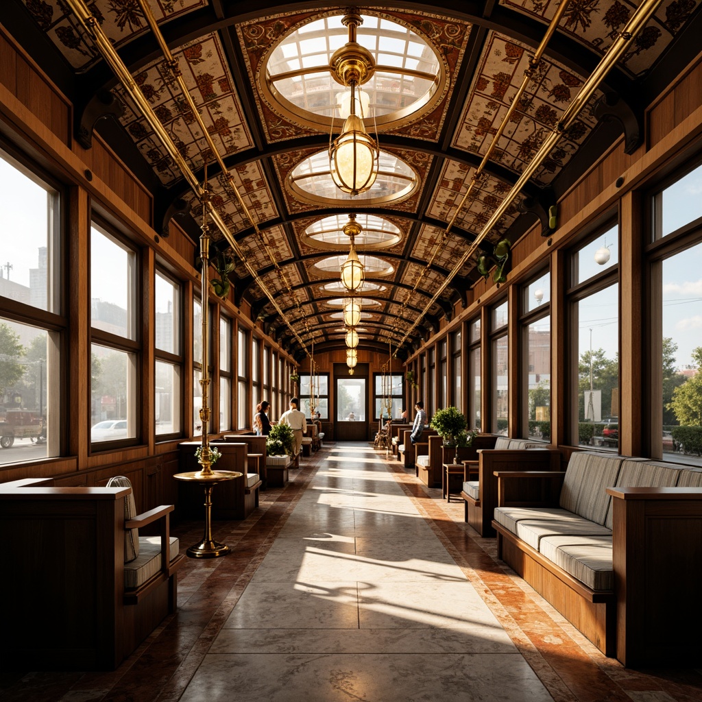 Prompt: Luxurious tram station, ornate metalwork, geometric patterns, chrome accents, vintage luggage racks, marble floors, intricate mosaics, stained glass ceilings, grand chandeliers, lavish furnishings, curved lines, symmetrical compositions, warm golden lighting, shallow depth of field, 1/1 composition, realistic reflections, ambient occlusion.