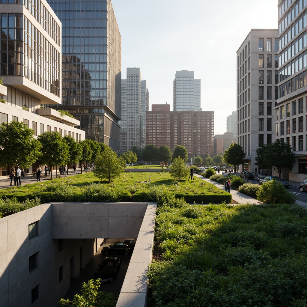 Prompt: Vibrant green roofs, lush vegetation, natural stone walls, modern office buildings, floor-to-ceiling windows, glass facades, minimalist architecture, sleek metal lines, urban landscape integration, bustling cityscape, morning sunlight, soft warm lighting, shallow depth of field, 3/4 composition, panoramic view, realistic textures, ambient occlusion.