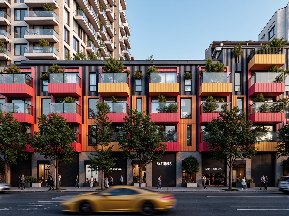 Prompt: Vibrant music venue facade, social housing-inspired architecture, rhythmic balconies, eclectic color palette, industrial metal cladding, exposed brick walls, dynamic LED lighting, urban cityscape, bustling streets, lively atmosphere, afternoon sun casting long shadows, shallow depth of field, 1/1 composition, realistic textures, ambient occlusion.