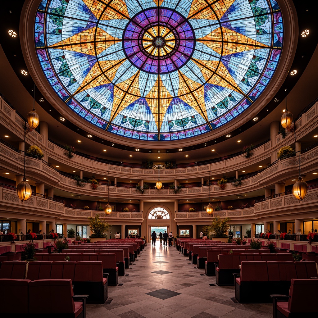 Prompt: Vibrant stadium interior, stained glass ceiling, kaleidoscope colors, geometric patterns, intricate designs, Gothic architecture inspiration, grandiose scale, majestic atmosphere, warm ambient lighting, soft focus, shallow depth of field, 1/2 composition, realistic textures, ambient occlusion, luxurious seating areas, ornate railings, polished marble floors, elaborate chandeliers, dramatic archways.