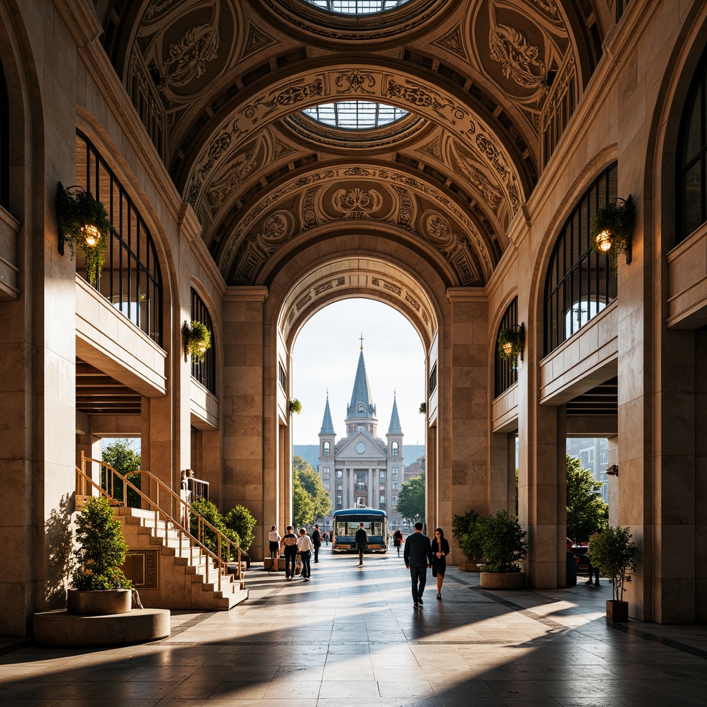 Prompt: Ornate bus station, grandiose arches, ornamental columns, intricate stone carvings, rusticated walls, curved lines, dramatic lighting, golden accents, polished marble floors, ornate metalwork, intricate mosaics, high ceilings, grand staircases, symmetrical fa\u00e7ade, imposing entrance, vibrant urban surroundings, bustling streets, morning sunlight, soft warm glow, shallow depth of field, 2/3 composition, realistic textures, ambient occlusion.