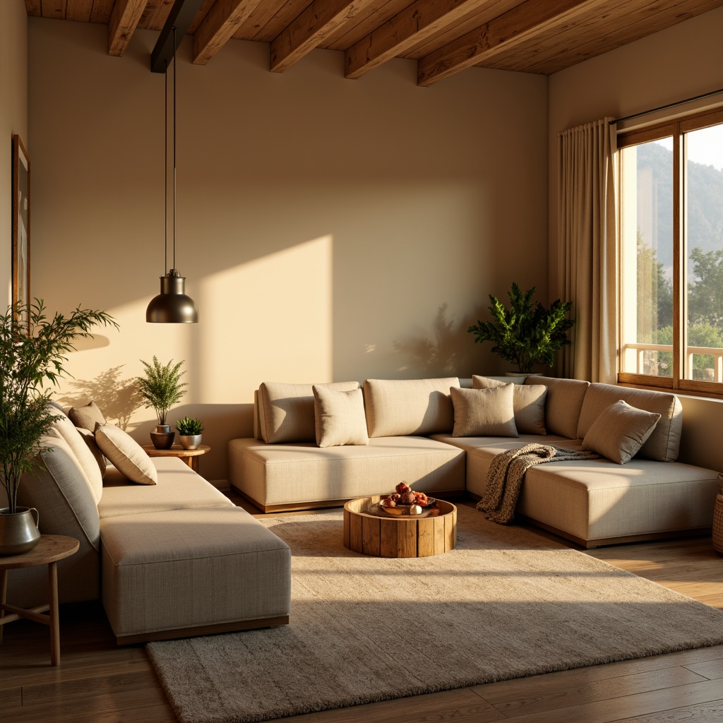 Prompt: Cozy living room, warm beige walls, plush sectional sofa, soft golden lighting, natural wood flooring, rustic coffee table, vibrant greenery, elegant pendant lamps, minimalist decor, comfortable throw pillows, inviting aroma, calming atmosphere, shallow depth of field, 1/1 composition, soft focus effect, realistic textures, ambient occlusion.