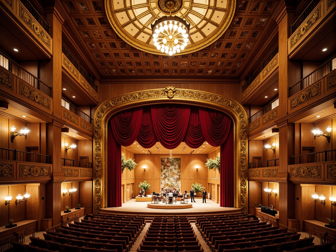 Prompt: Ornate concert hall, rich wood paneling, gilded details, intricate carvings, velvet drapes, ornamental chandeliers, acoustic panels, sound-absorbing materials, decorative diffusers, bespoke furniture, lavish textiles, grand staircases, high ceilings, opulent furnishings, warm golden lighting, shallow depth of field, 1/1 composition, realistic reflections, ambient occlusion.