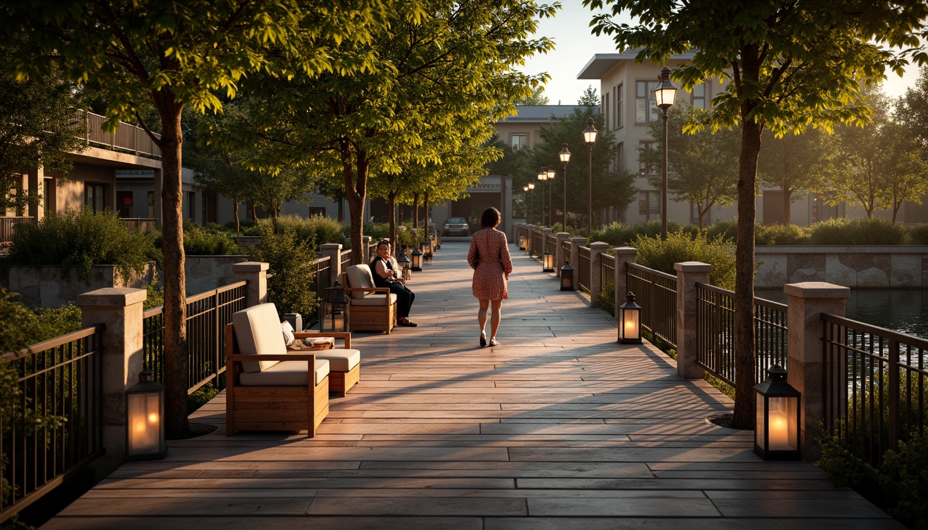 Prompt: Warm Sienna bridges, earthy tone wood planks, rustic metal railings, soft warm lighting, gentle water flow, lush greenery surroundings, natural stone pillars, vintage lanterns, cozy seating areas, serene atmosphere, shallow depth of field, 1/2 composition, realistic textures, ambient occlusion.