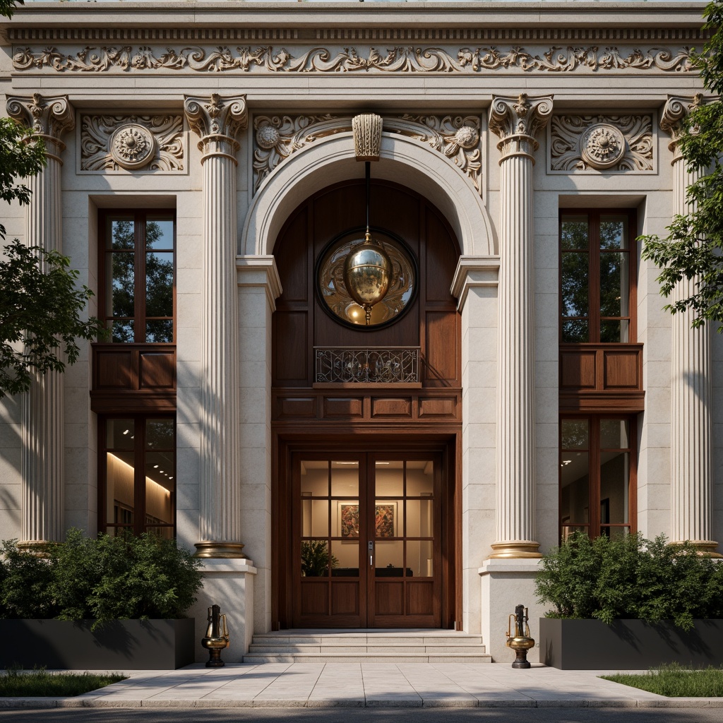 Prompt: Elegant library facade, grand Neoclassical columns, ornate stone carvings, symmetrical composition, imposing entrance, sweeping archways, intricately patterned stonework, richly toned wood accents, gleaming bronze fixtures, soft warm lighting, subtle gradient shading, shallow depth of field, 1/1 composition, realistic textures, ambient occlusion.