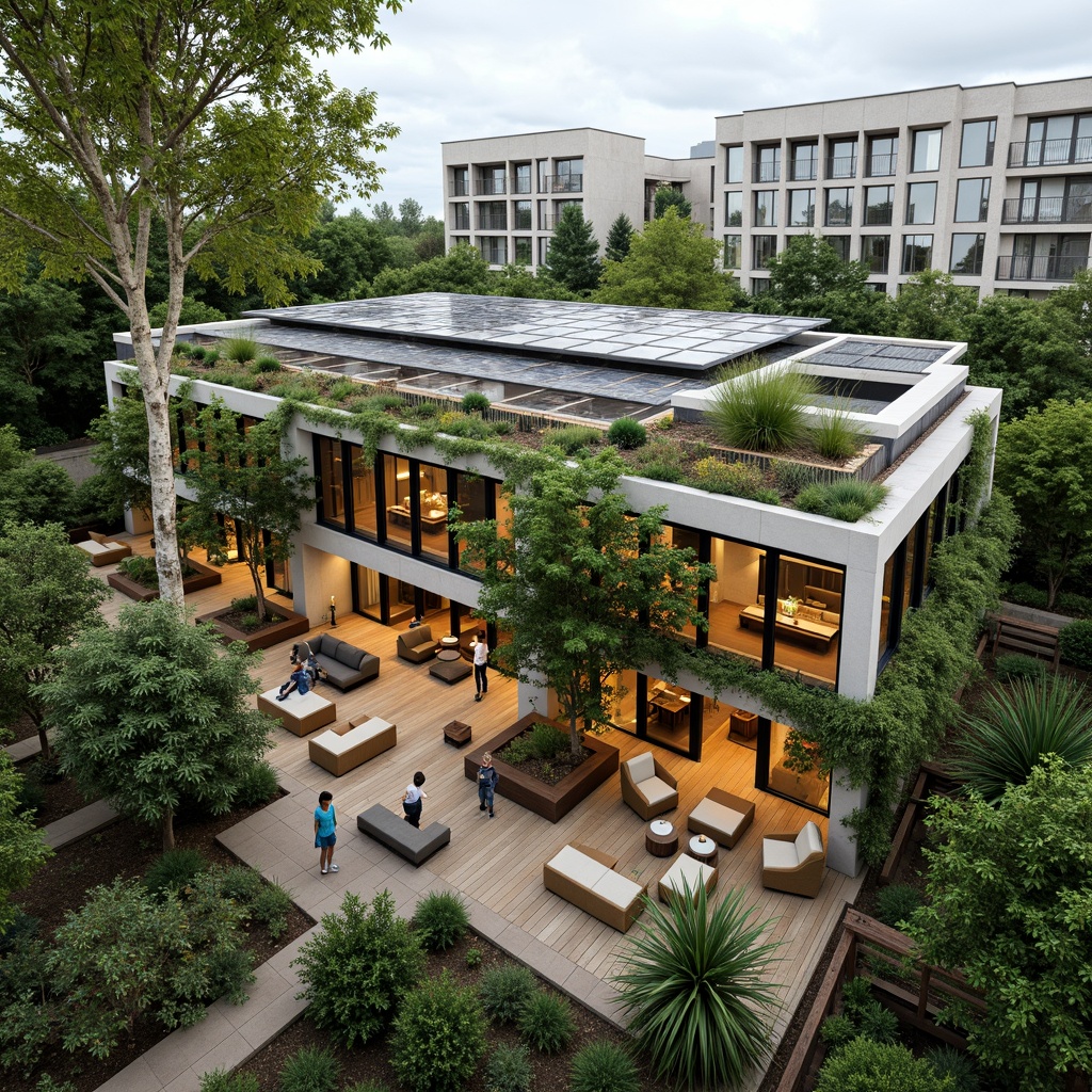 Prompt: Eco-friendly green building, lush rooftop garden, solar panels, green walls, natural ventilation systems, large windows, glass facades, clerestory roofs, skylights, open floor plans, minimalist interior design, reclaimed wood accents, bamboo flooring, living walls, vertical gardens, organic shapes, earthy color palette, warm ambient lighting, soft shadows, 1/1 composition, high-key tone, realistic textures, subtle depth of field.