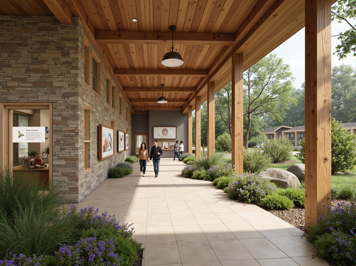 Prompt: Earthy visitor center, natural stone walls, reclaimed wood accents, warm beige flooring, sage greenery, vibrant wildflowers, educational signage, interactive exhibits, minimal modern architecture, large windows, sliding glass doors, soft diffused lighting, shallow depth of field, 3/4 composition, panoramic view, realistic textures, ambient occlusion.