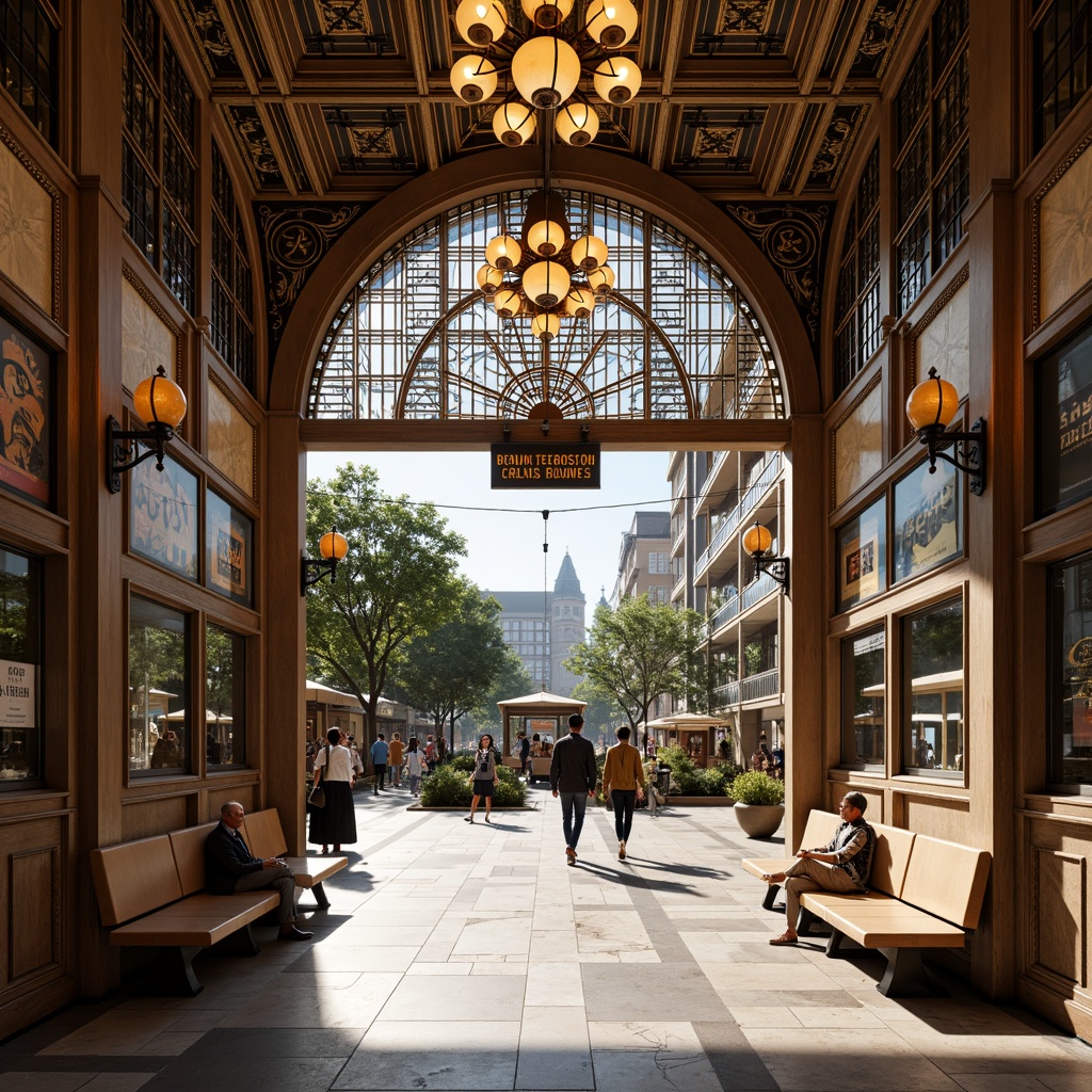 Prompt: Grandiose tram station, ornate metalwork, geometric patterns, luxurious chandeliers, sleek marble floors, curved wooden benches, vintage advertisements, metallic accents, symmetrical compositions, warm golden lighting, dramatic shadows, 1/1 composition, realistic reflections, intricate moldings, Art Deco typography, elegant curves, lavish materials, nostalgic ambiance, urban landscape, busy street scene, sunny day, shallow depth of field.