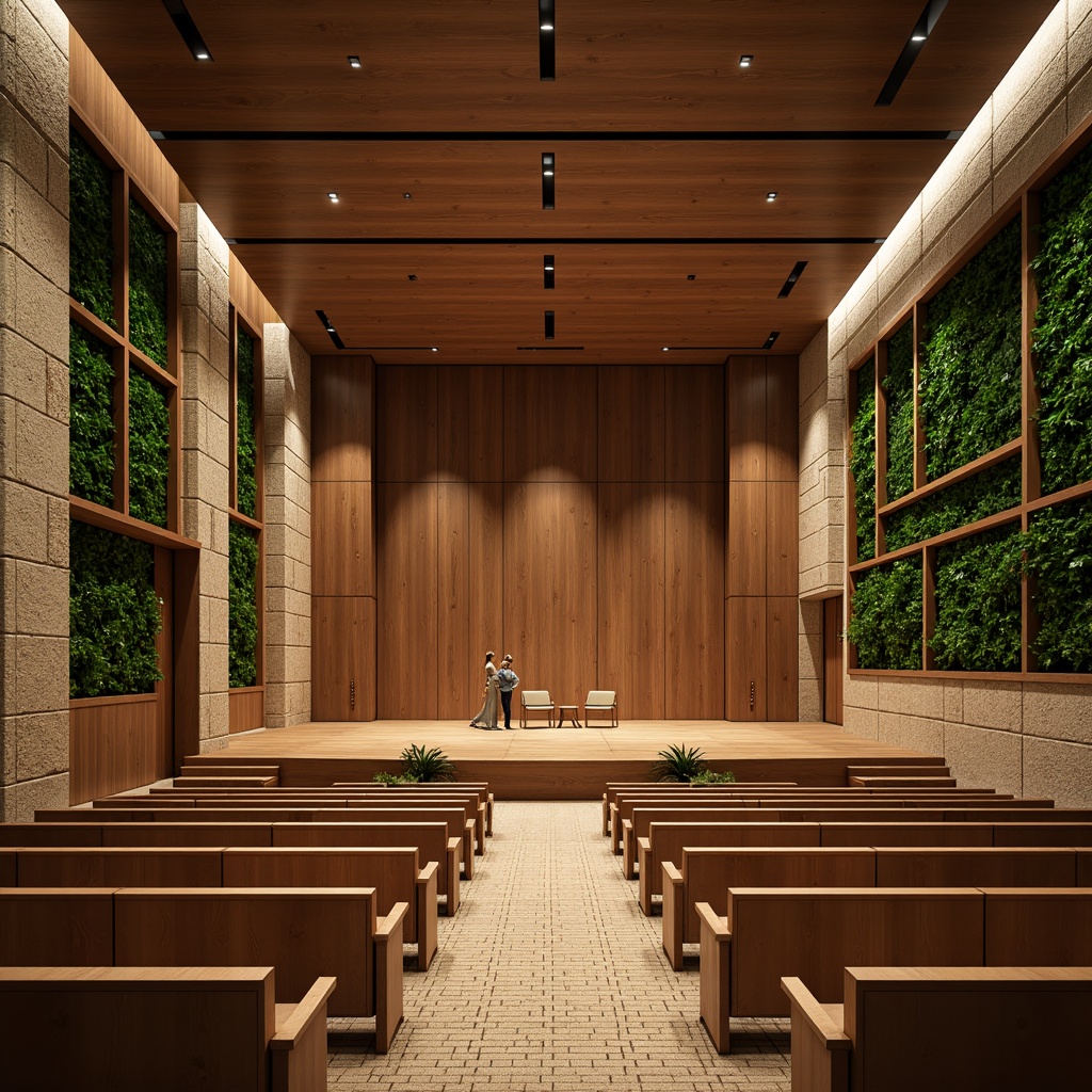 Prompt: Elegant auditorium interior, natural stone walls, reclaimed wood accents, living green walls, wooden seating, woven bamboo flooring, minimalist stage design, soft warm lighting, subtle shadows, 1/1 composition, intimate atmosphere, acoustic panels, sound-absorbing materials, organic textures, earthy color palette, nature-inspired patterns, botanical illustrations, serene ambiance, warm beige tones, cozy nooks.