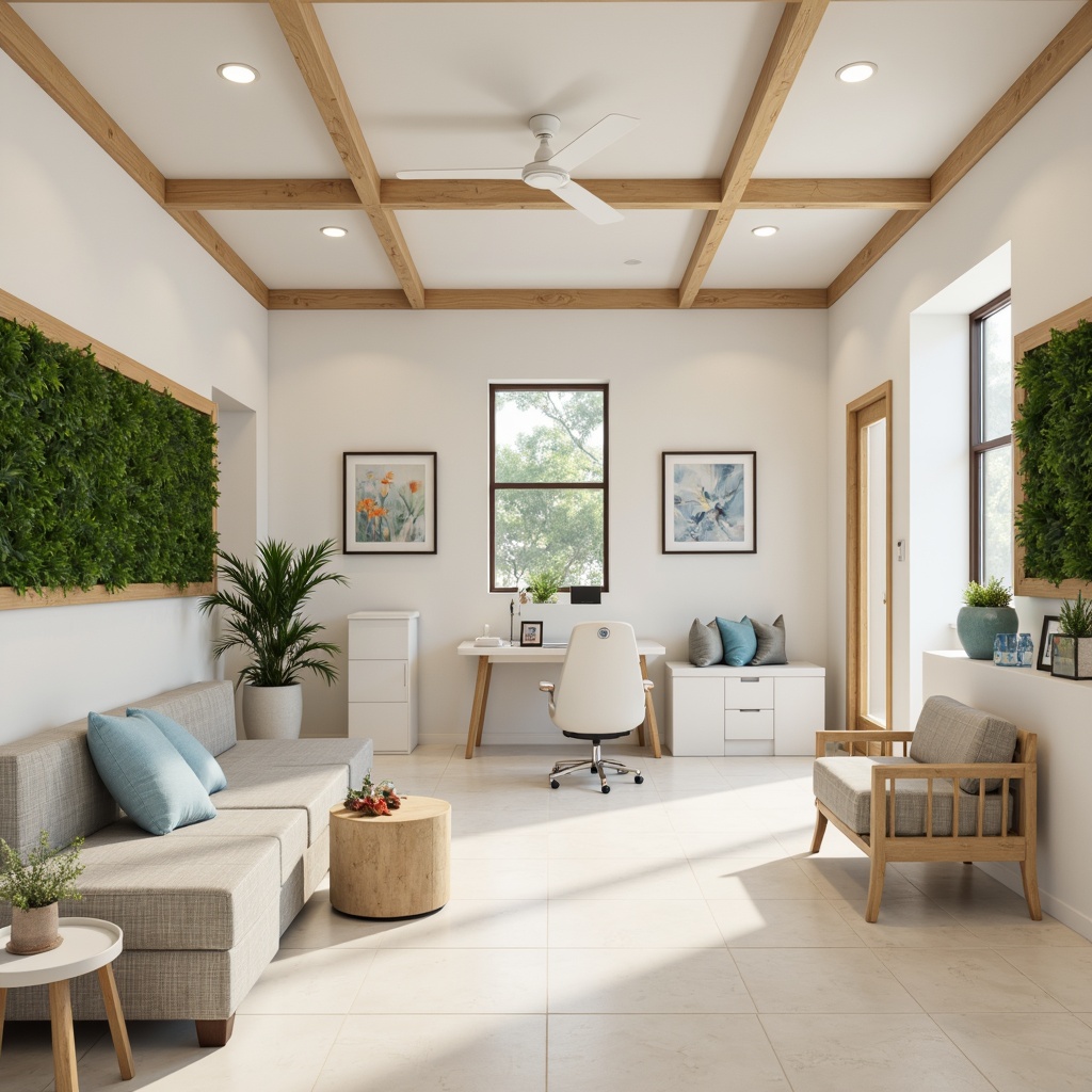 Prompt: Calming dental clinic, soothing pastel colors, gentle cream tones, clean white surfaces, subtle blue accents, natural wood textures, modern minimalist design, soft indirect lighting, comfortable seating areas, greenery walls, calming nature-inspired art pieces, shallow depth of field, 1/1 composition, realistic renderings.