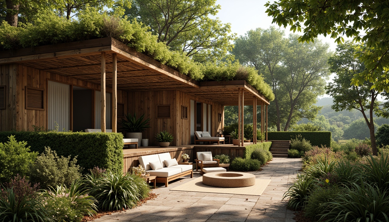 Prompt: Earthy cabin, reclaimed wood accents, living roofs, lush green walls, natural stone foundations, bamboo flooring, rattan furniture, woven textiles, organic shapes, earthy color palette, abundant natural light, soft warm ambiance, shallow depth of field, 1/1 composition, panoramic view, realistic textures, ambient occlusion.