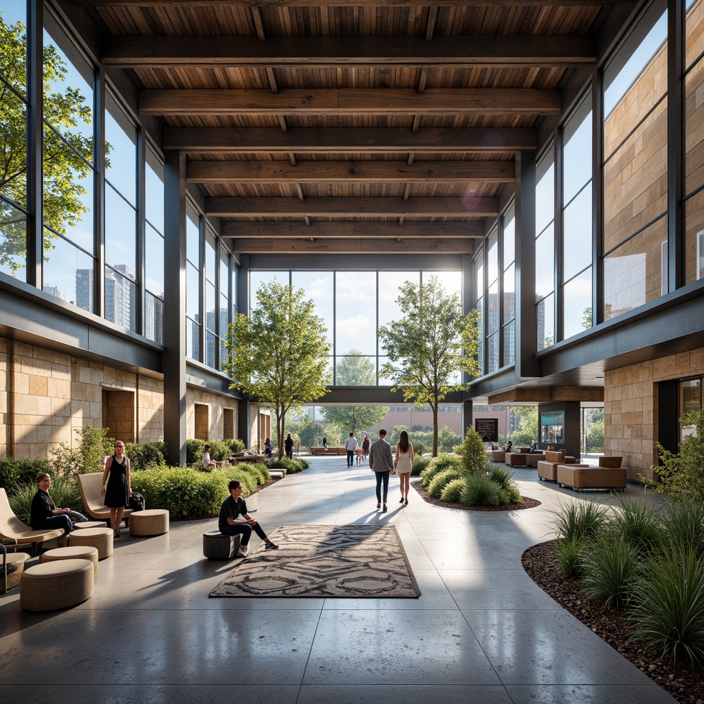 Prompt: Open-air visitor center, cantilevered rooflines, exposed steel beams, industrial chic architecture, polished concrete floors, minimalist interior design, natural stone walls, reclaimed wood accents, geometric patterned rugs, abundant natural light, floor-to-ceiling windows, panoramic views, surrounding landscape integration, meandering walking paths, native plant species, educational signage, interactive exhibits, multimedia displays, spatial narrative storytelling, 1/2 composition, high contrast lighting, shallow depth of field.