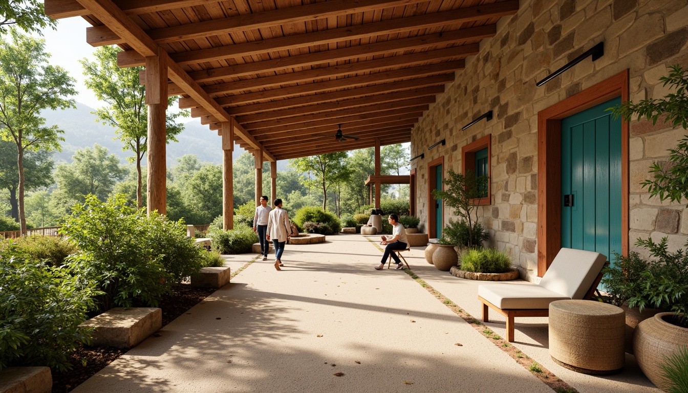 Prompt: Earthy visitor center, natural materials, reclaimed wood accents, warm beige tones, calming sage greens, rich terracotta reds, vibrant turquoise blues, sandy stone walls, rustic metal fixtures, organic textures, woven baskets, living green walls, abundant natural light, soft warm lighting, 1/2 composition, shallow depth of field, realistic materials, ambient occlusion.