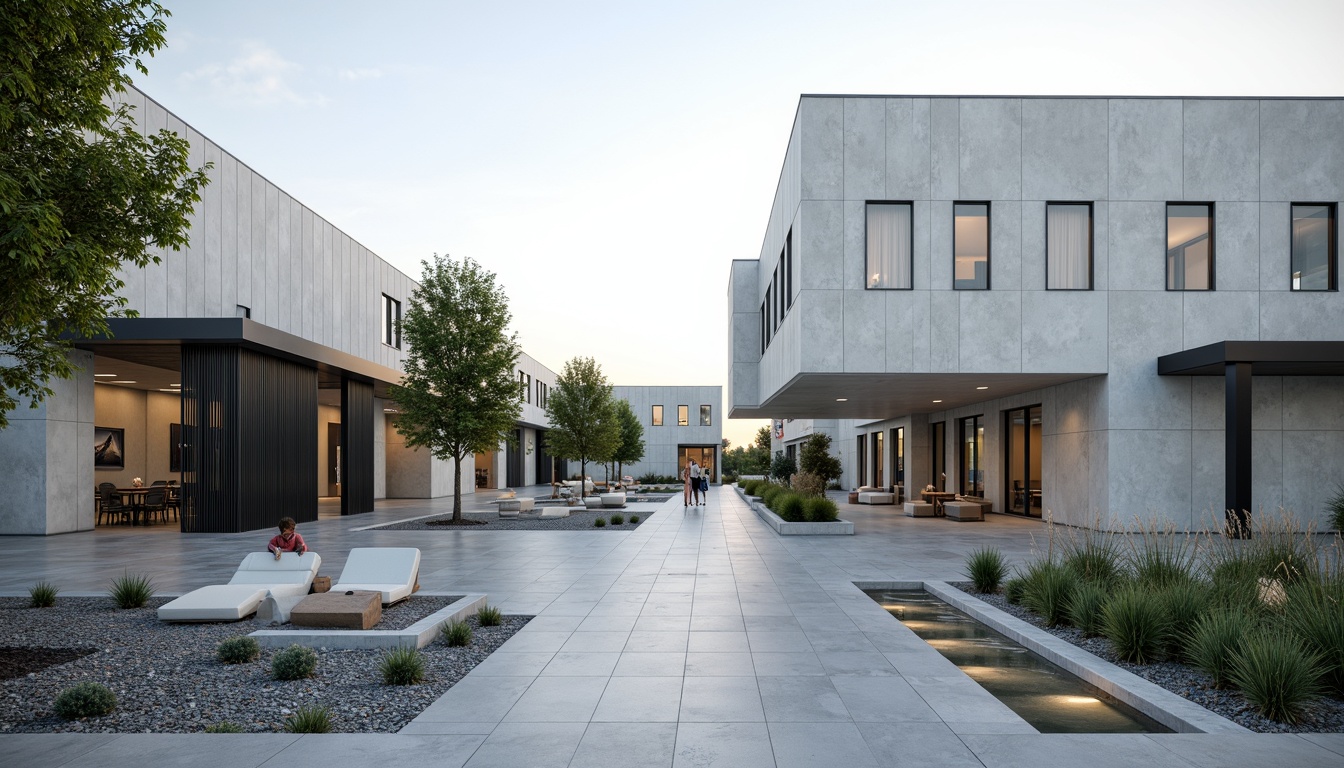 Prompt: Sleek distribution center, industrial chic architecture, minimalist design, clean lines, monochromatic color scheme, concrete walls, metal accents, polished floors, sparse greenery, succulent plants, gravel groundcover, modern outdoor lighting, simple benches, geometric water features, subtle shading devices, shallow depth of field, 1/1 composition, natural textures, ambient occlusion.