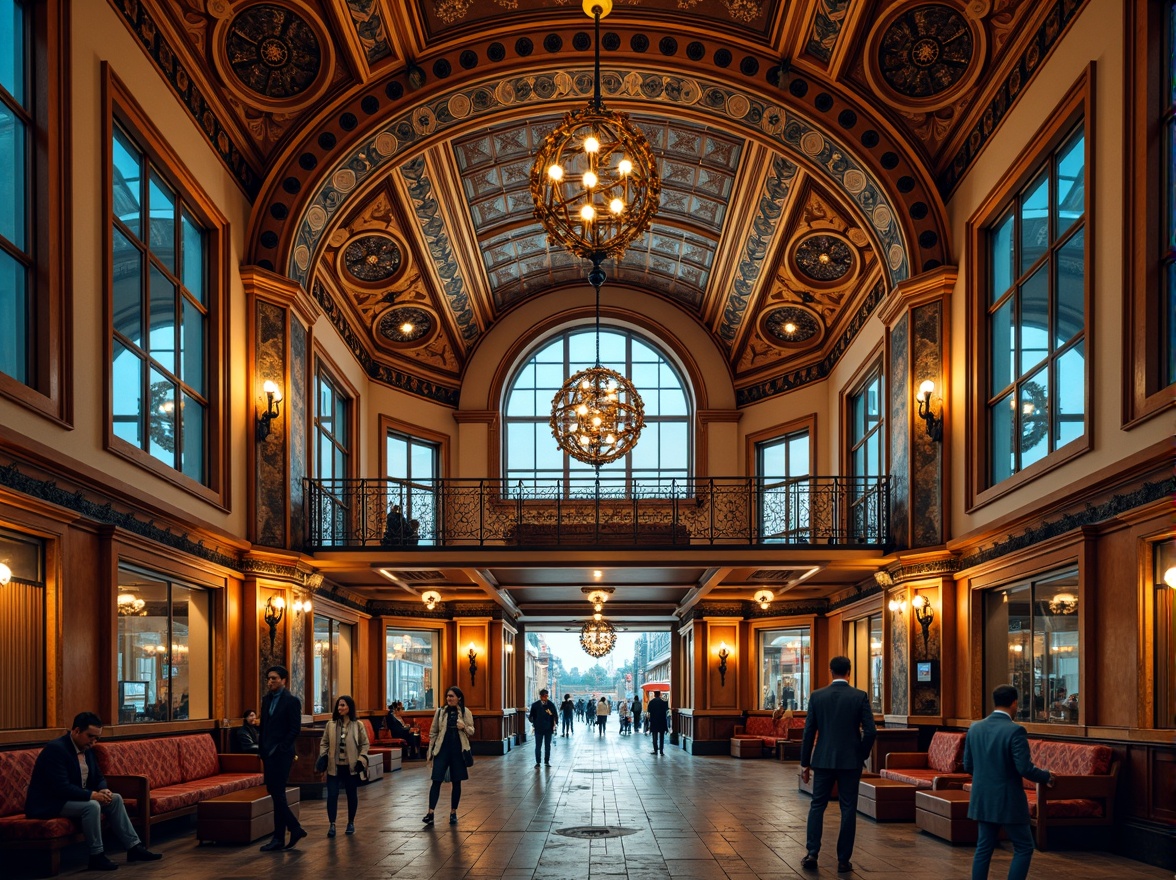 Prompt: Elegant tram station, ornate metalwork, geometric patterns, vibrant color schemes, luxurious materials, intricate mosaics, grand chandeliers, spherical pendant lights, cylindrical lanterns, stepped silhouettes, metallic accents, polished chrome finishes, soft warm glow, dramatic shadowing, high-contrast lighting, 1/1 composition, symmetrical framing, ornate details, stylized typography, nostalgic ambiance, bustling urban atmosphere, vintage flair.