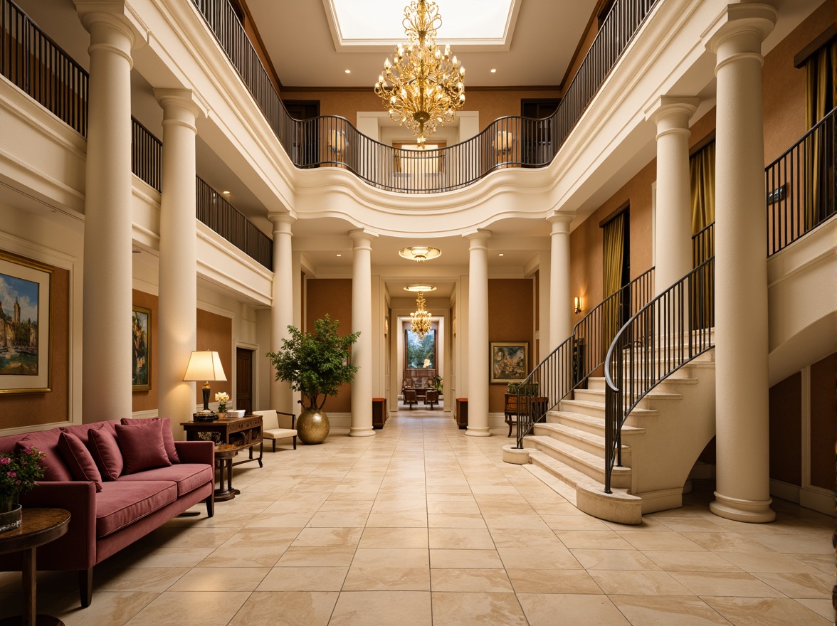 Prompt: Luxurious hotel lobby, rich beige marble floors, ornate golden chandeliers, soft cream-colored walls, elegant curved staircases, intricate moldings, subtle warm lighting, velvet drapes, polished bronze accents, refined walnut wood furniture, classic oil paintings, majestic high ceilings, symmetrical architecture, serene atmosphere, warm natural light, 1/2 composition, shallow depth of field, realistic textures, ambient occlusion.