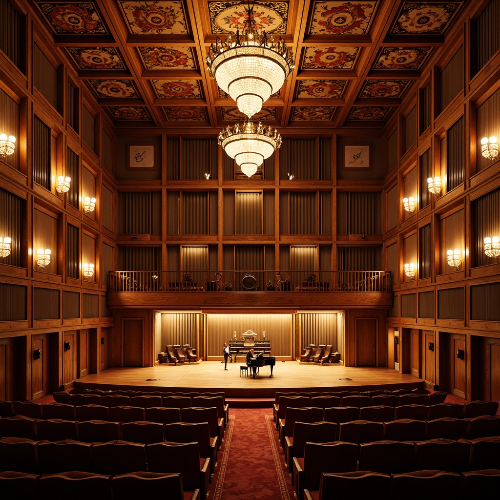 Prompt: Elegant concert house, ornate chandeliers, rich wood paneling, plush velvet seating, grand piano, soundproofing materials, acoustic panels, diffusers, absorbers, resonators, tiered seating, intimate performance space, warm golden lighting, shallow depth of field, 1/2 composition, soft focus, realistic textures, ambient occlusion.