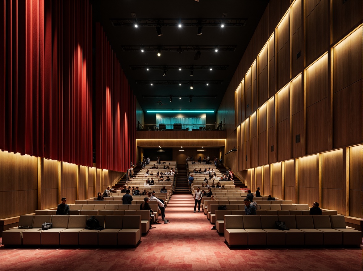 Prompt: Elegant auditorium interior, rich wood accents, velvety red curtains, comfortable seating, subtle gold trim, sophisticated neutral tones, dramatic spotlights, ambient warm glow, soft plush carpets, acoustic panels, modern minimalist design, sleek metallic details, vibrant turquoise highlights, dynamic stage lighting, shallow depth of field, 1/1 composition, realistic textures, ambient occlusion.