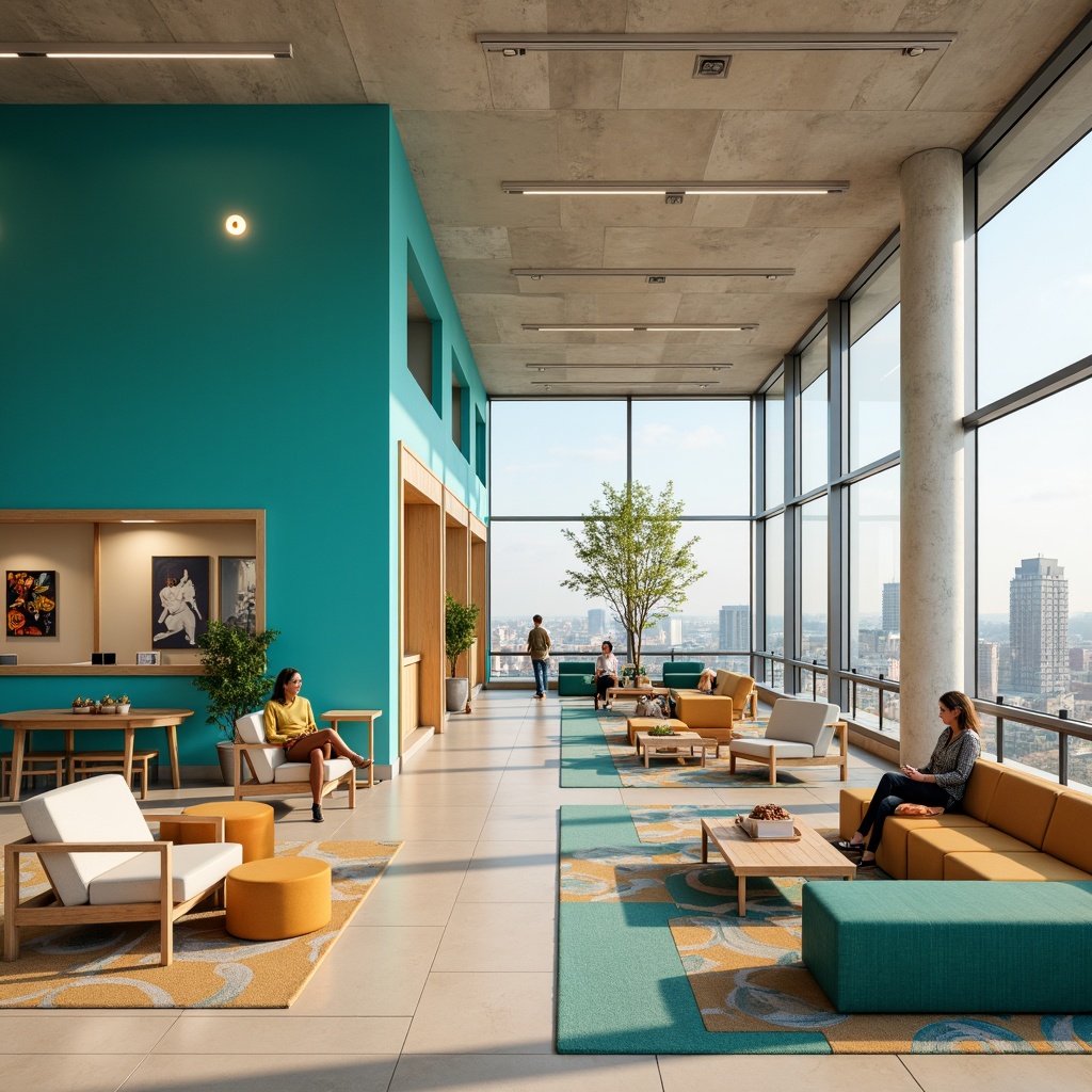 Prompt: Vibrant turquoise walls, polished chrome accents, warm beige floors, minimalist wooden furniture, sleek metal railings, geometric patterned rugs, soft cream-colored ceilings, modern LED lighting fixtures, abstract art installations, dynamic open spaces, collaborative learning areas, flexible seating arrangements, natural stone feature walls, floor-to-ceiling windows, panoramic city views, soft gradient sky, realistic concrete textures, ambient occlusion, 3/4 composition, shallow depth of field.