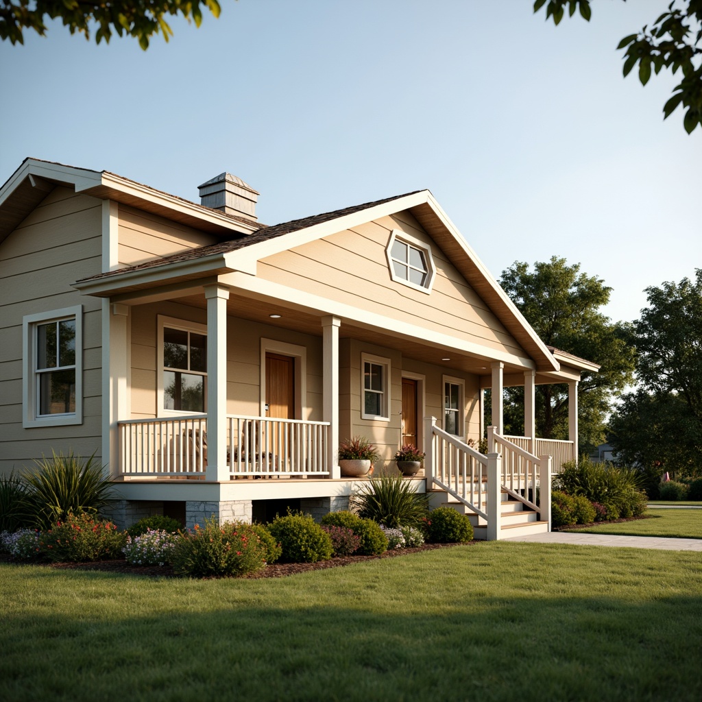 Prompt: Warm beige exterior walls, earthy brown roofs, soft sage green trim, creamy white accents, natural wood tones, subtle stone textures, cozy porches, inviting front doors, lush green lawns, blooming flower beds, sunny afternoons, gentle warm lighting, shallow depth of field, 1/2 composition, realistic rendering, ambient occlusion.