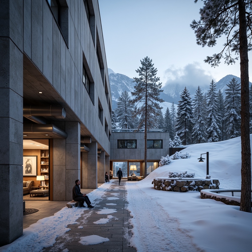 Prompt: Rugged ski center, brutalist architecture, raw concrete walls, exposed ductwork, industrial steel beams, minimalist design, functional simplicity, bold geometric forms, monumental scale, snow-capped mountains, frozen lakes, frosty trees, cold misty air, dramatic natural light, high-contrast shadows, stark angular lines, rough-textured stone, metallic accents, utilitarian aesthetic, functional spaces, ski lifts, snow-making machines, winter sports equipment, warm wooden interiors, cozy fireplaces, soft warm lighting, shallow depth of field, 2/3 composition, panoramic view.