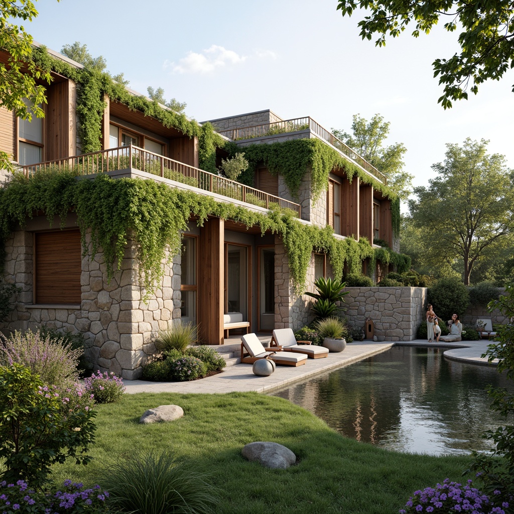 Prompt: Lush green roofs, living walls, natural stone facades, wooden accents, organic shapes, curved lines, eco-friendly materials, seamless transitions, indoor-outdoor fluidity, floor-to-ceiling windows, sliding glass doors, outdoor seating areas, pergolas, trellises, vines, blooming flowers, trees, shrubs, water features, small ponds, fountains, birdhouses, bird feeders, natural light, soft warm ambiance, shallow depth of field, 3/4 composition, panoramic view, realistic textures, ambient occlusion.