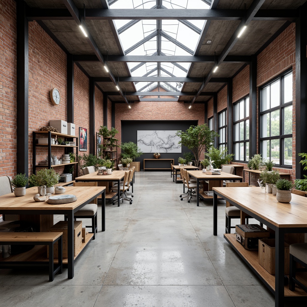 Prompt: Minimalist workshop, industrial-style decor, exposed brick walls, polished concrete floors, natural lighting, large skylights, overhead windows, simplicity-focused design, functional workstations, metal shelving units, reclaimed wood accents, neutral color palette, soft ambient light, 1/1 composition, shallow depth of field, realistic textures, subtle shadows.