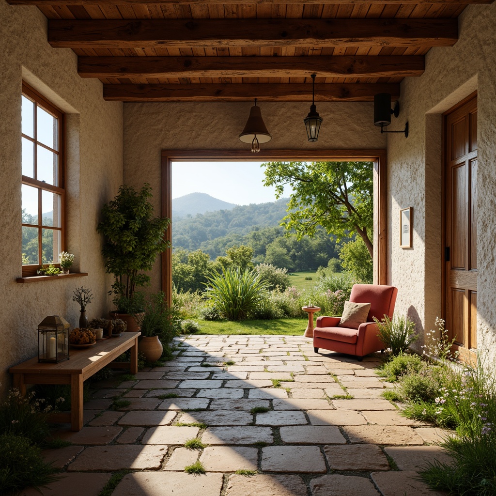 Prompt: Rustic farmhouse, textured walls, earthy tones, natural stone foundations, wooden beams, vintage windows, distressed wood doors, eclectic decor, mix-matched furniture, antique artifacts, lush greenery, wildflowers, rural landscape, rolling hills, sunny day, warm soft lighting, shallow depth of field, 1/1 composition, realistic textures, ambient occlusion.