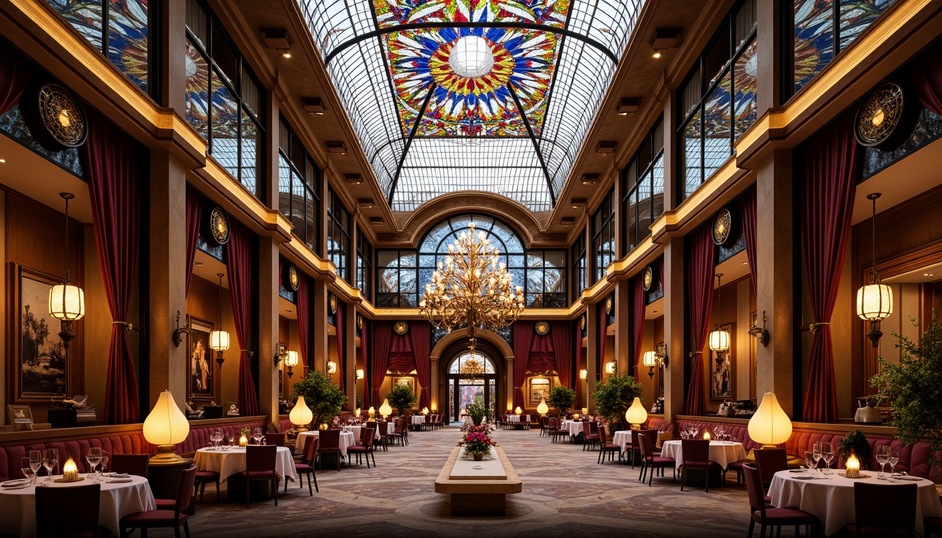 Prompt: \Elegant dining hall, stained glass ceiling, kaleidoscope colors, ornate metal frames, majestic chandeliers, refined wood furnishings, lavish velvet drapes, regal atmosphere, warm golden lighting, soft diffused glow, intricate patterns, floral motifs, Art Nouveau inspiration, luxurious materials, grandiose scale, symmetrical composition, central focal point, realistic reflections.\