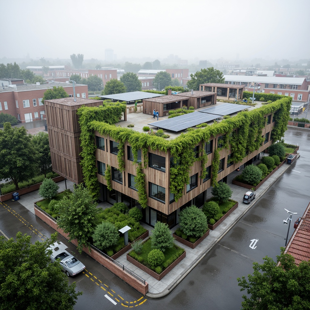 Prompt: Industrial factory building, lush green walls, living facade, verdant roof garden, solar panels, wind turbines, rainwater harvesting system, reclaimed wood accents, exposed metal beams, polished concrete floors, floor-to-ceiling windows, natural ventilation systems, bio-based insulation materials, eco-friendly cladding, vibrant greenery, misty atmosphere, soft diffused lighting, 1/2 composition, medium depth of field, realistic textures.