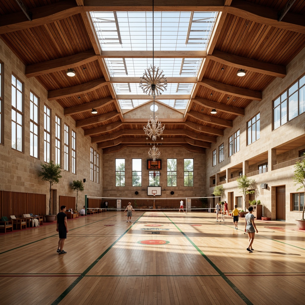 Prompt: Grand Renaissance gymnasium, high ceilings, large windows, clerestory windows, natural stone walls, wooden floors, athletic tracks, basketball courts, volleyball nets, exercise equipment, ornate chandeliers, luxurious textiles, warm color palette, abundant daylight, soft diffused lighting, 1/1 composition, shallow depth of field, realistic textures, ambient occlusion.