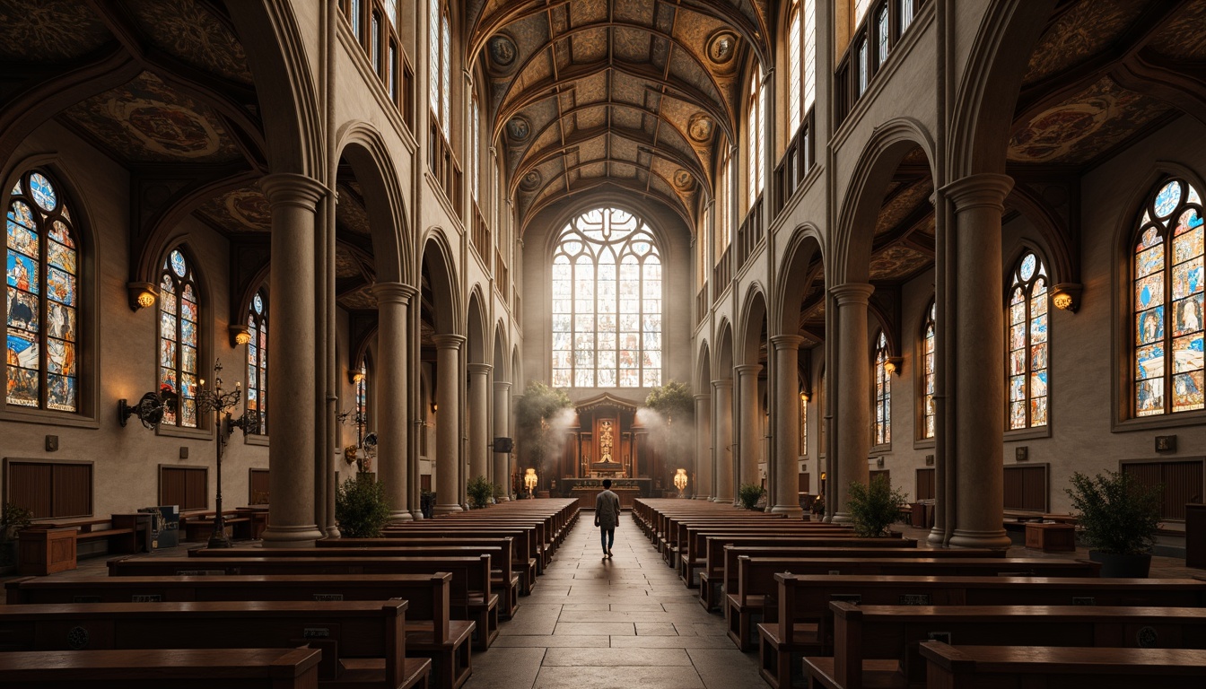 Prompt: Grandiose Gothic cathedral, vaulted ceilings, ribbed arches, stunning stained glass windows, intricate stone carvings, ornate frescoes, majestic altar, lavish pews, mysterious crypts, atmospheric fog, warm golden lighting, dramatic shadows, high-angle shot, 1/2 composition, symmetrical framing, rich textures, ambient occlusion.