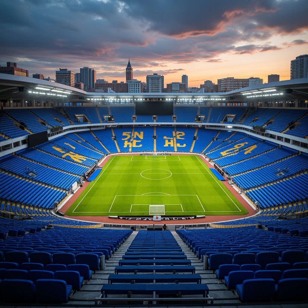 Prompt: Luminous football stadium, electric blue seating, vibrant green grass, bold yellow goalposts, sleek metal railings, dynamic LED lighting, urban cityscape, cloudy sky, dramatic shadows, warm sunset ambiance, shallow depth of field, 1/1 composition, cinematic view, realistic textures, ambient occlusion.