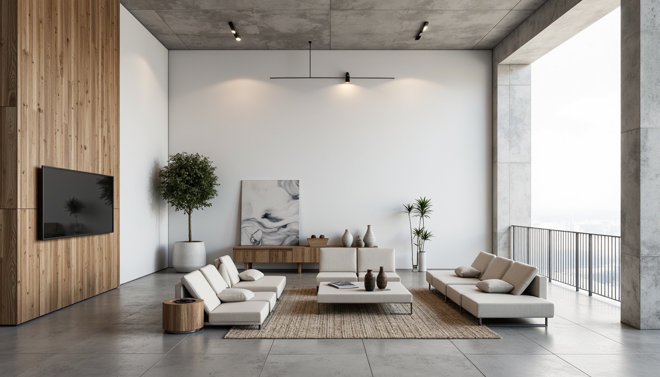 Prompt: Monochromatic interior space, polished concrete floors, sleek wooden accents, matte white walls, minimalist furniture, low-profile sofas, geometric coffee tables, industrial metal lighting fixtures, subtle texture variations, natural fiber rugs, understated color palette, soft ambient illumination, 1/1 composition, shallow depth of field, realistic material reflections.