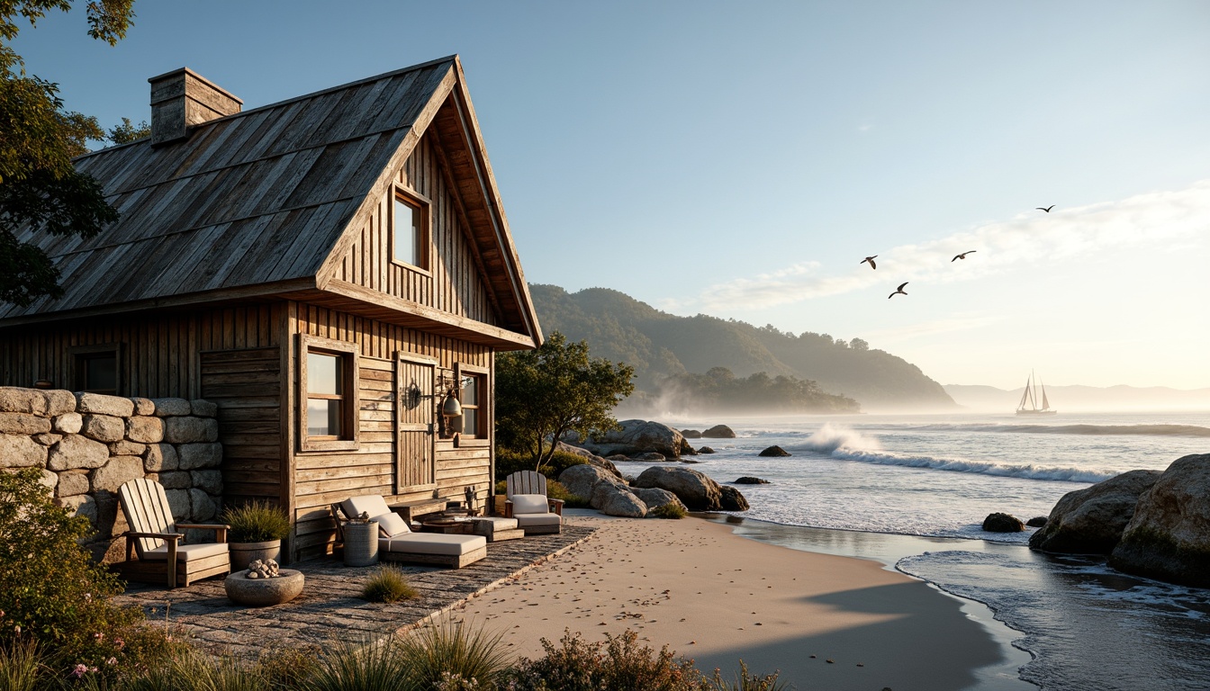 Prompt: Rustic coastal cottage, weathered wood planks, driftwood accents, sandy dunes, ocean waves, sea spray, misty mornings, warm sunlight, natural textures, rough stone walls, distressed finishes, nautical ropes, wooden docks, sailing boats, seagulls flying, clear blue skies, shallow depth of field, 1/2 composition, soft warm lighting, ambient occlusion.