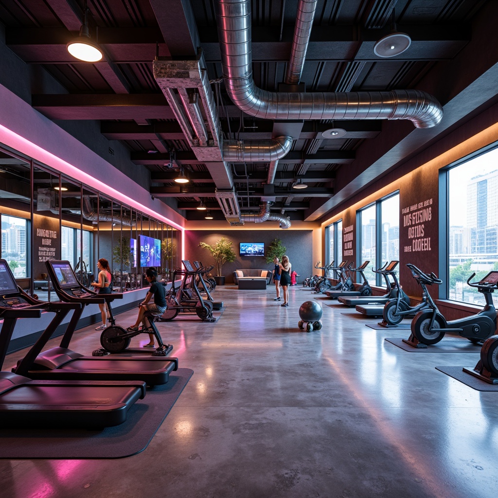 Prompt: Modern fitness club interior, industrial-chic aesthetic, exposed ductwork, polished concrete floors, mirrored walls, neon color accents, state-of-the-art exercise equipment, free weights, treadmills, stationary bikes, yoga mats, sound-absorbing panels, high ceilings, natural light pouring in, motivational quotes, urban loft-style windows, reclaimed wood features, metallic beams, dynamic lighting systems, virtual fitness classes, immersive audio-visual experiences, futuristic design elements, sleek lines, minimalist decor, functional layout, spacious locker rooms, luxurious showers, towel service areas.