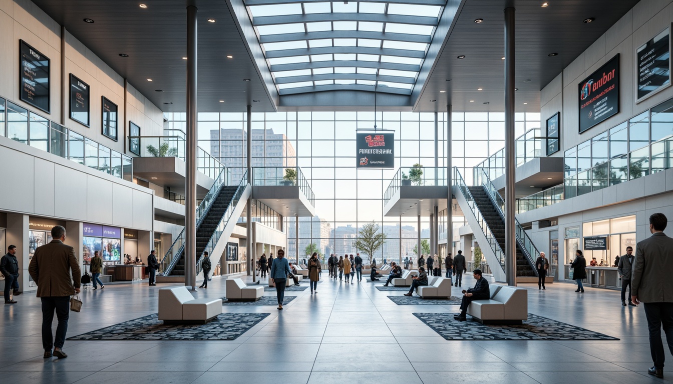 Prompt: Modern train station interior, sleek glass ceilings, stainless steel columns, minimalist benches, futuristic ticketing machines, spacious waiting areas, international signage, clean white walls, polished marble floors, geometric patterned rugs, angular LED lighting, grand staircases, escalators, panoramic windows, urban cityscape views, busy morning commute, soft natural light, shallow depth of field, 2/3 composition, realistic textures, ambient occlusion.