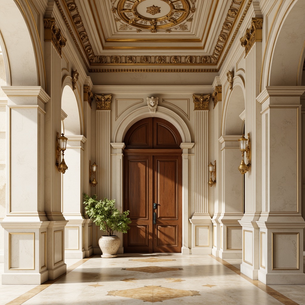 Prompt: Elegant neoclassical facade, cream-colored stone walls, ornate details, golden accents, rich wood tones, subtle earthy hues, soft natural light, warm beige marble floors, intricate moldings, symmetrical compositions, ornate pilasters, grandiose columns, vaulted ceilings, dramatic archways, serene atmosphere, muted color palette, harmonious balance, 2/3 composition, low-key lighting, realistic textures, ambient occlusion.