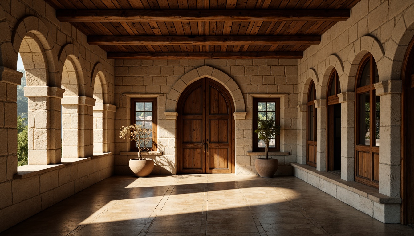 Prompt: Rustic stone walls, arched windows, ribbed vaults, groin vaults, barrel-vaulted ceilings, ornate carvings, decorative capitals, imposing columns, sturdy piers, grand entranceways, heavy wooden doors, intricate ironwork, grandiose scale, warm golden lighting, soft focus, atmospheric perspective, 2/3 composition, cinematic angle, realistic textures, ambient occlusion.