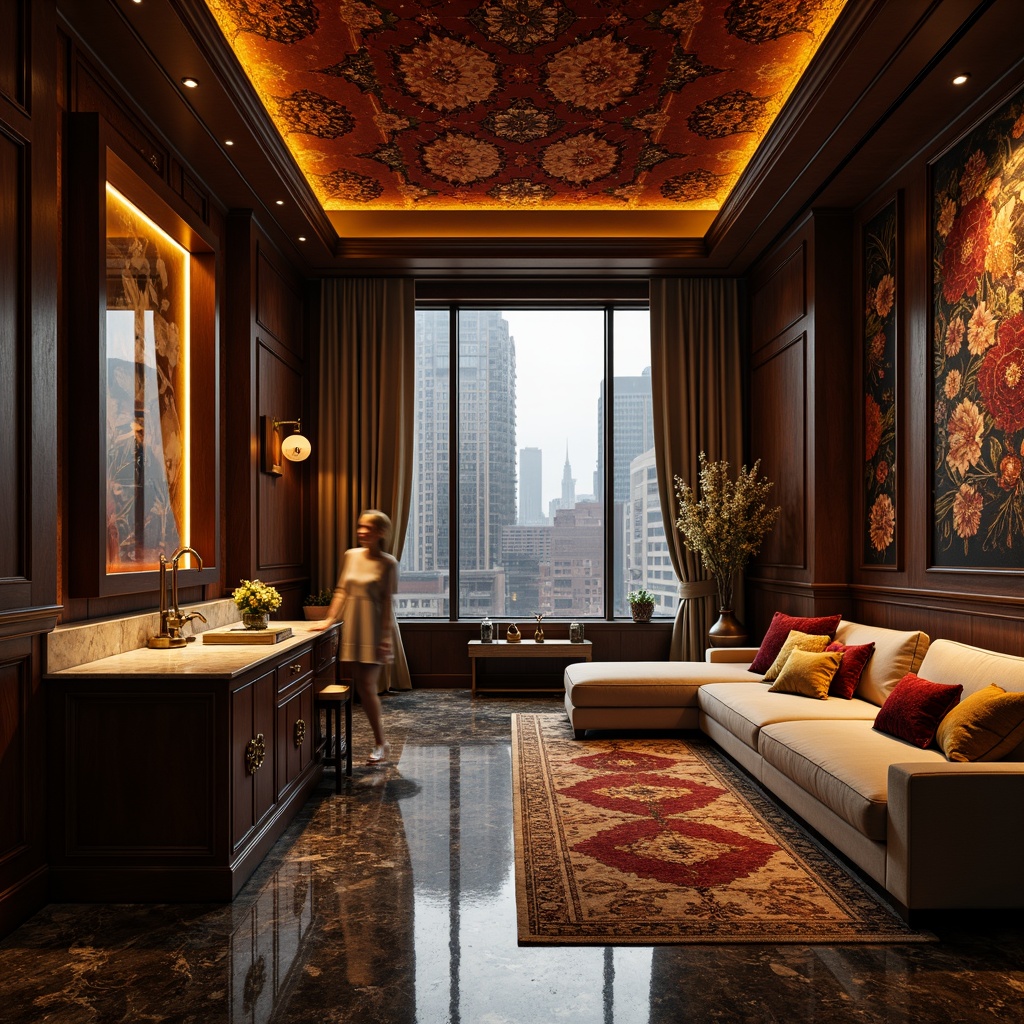 Prompt: Luxurious velvet fabric, soft golden lighting, ornate wooden panels, intricately carved details, richly patterned rugs, sumptuous silk drapes, lavish marble countertops, glossy polished floors, metallic accents, sophisticated urban loft, high-rise cityscape, dramatic nighttime view, atmospheric misty fog, cinematic shallow focus, 1/2 composition, warm vibrant colors, realistic ambient occlusion.