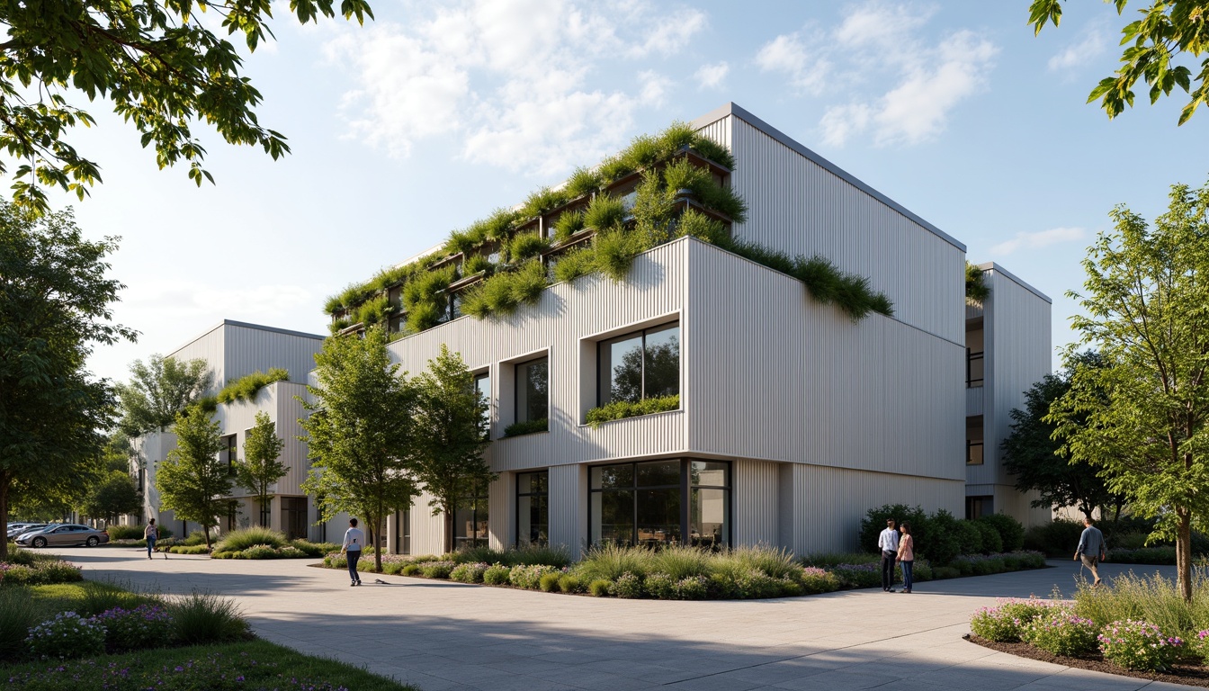 Prompt: Industrial factory building, lush green roof, living walls, vertical gardens, metal cladding, corrugated steel, transparent glass fa\u00e7ade, natural ventilation systems, solar panels, wind turbines, rainwater harvesting systems, eco-friendly materials, sustainable design, modern minimalist architecture, clean lines, neutral color palette, abundant natural light, soft warm lighting, shallow depth of field, 3/4 composition, realistic textures, ambient occlusion.