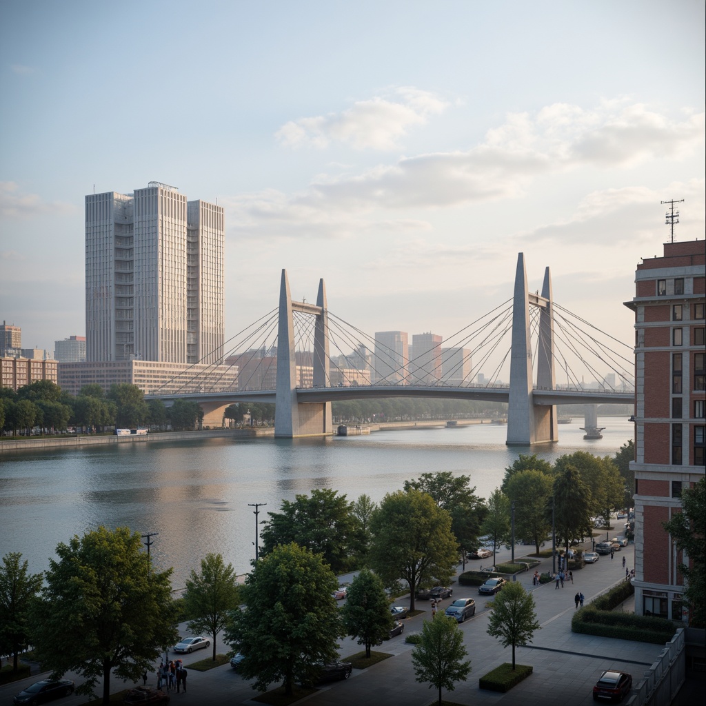 Prompt: Futuristic bridge design, sleek steel arches, suspension cables, modern infrastructure, innovative materials, high-strength concrete, durable fiber-reinforced polymers, corrosion-resistant alloys, sustainable energy harvesting, wind turbines, solar panels, dynamic lighting systems, urban cityscape, river waterfront, misty morning atmosphere, soft warm glow, shallow depth of field, 1/1 composition, realistic textures, ambient occlusion.