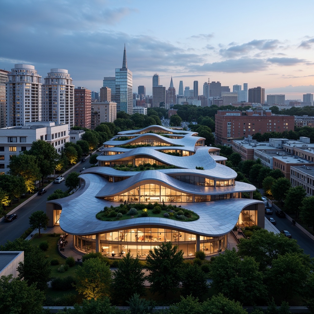 Prompt: Undulating rooflines, futuristic curves, asymmetrical silhouettes, dynamic angular forms, cantilevered overhangs, sculptural volumes, metallic cladding, iridescent finishes, solar panels integration, green roofs, lush vegetation, urban skyline views, dramatic lighting effects, 3/4 composition, low-angle shots, cinematic atmosphere, realistic reflections, ambient occlusion.