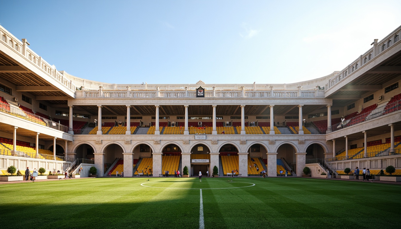 Prompt: Grandiose soccer stadium, classical colonnade, arches and domes, symmetrical facade, ornate carvings, marble columns, grand entrance gates, elegant curves, stately statues, lush green grass, vibrant team colors, sunny day, soft warm lighting, shallow depth of field, 3/4 composition, panoramic view, realistic textures, ambient occlusion, tiered seating areas, VIP boxes, athlete tunnels, scoreboards, goal nets, referee rooms, locker rooms.